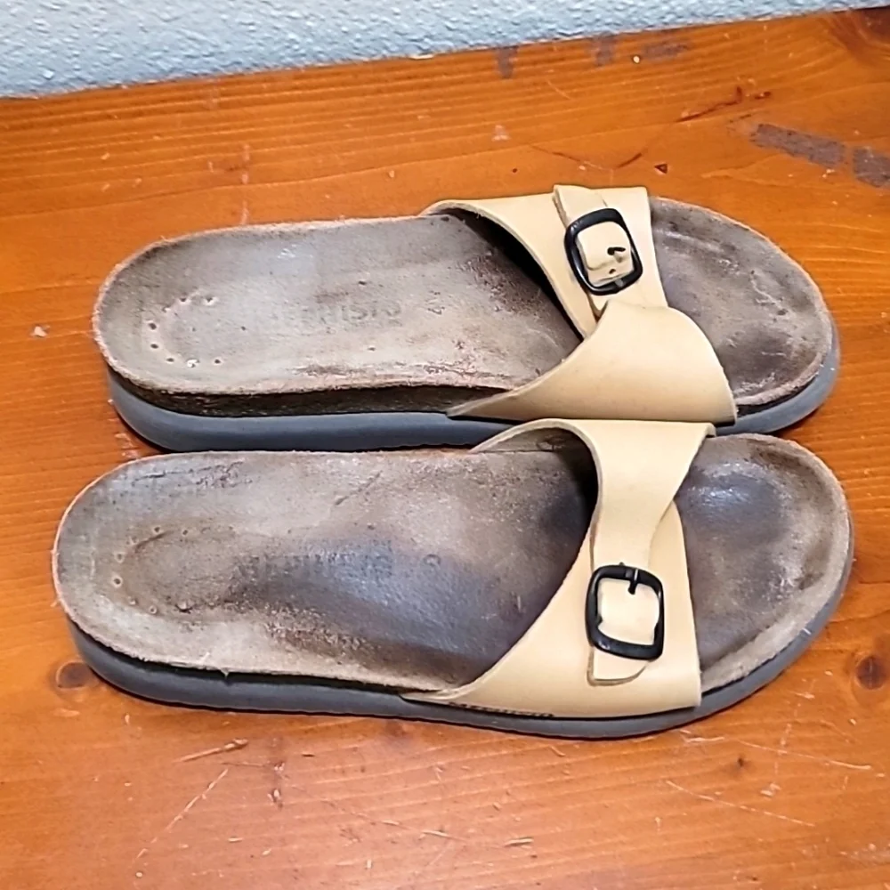 Mephisto Helen Cork Footbed Slide Sandals Womens‎ 40 Tan Leather Buckle Strap